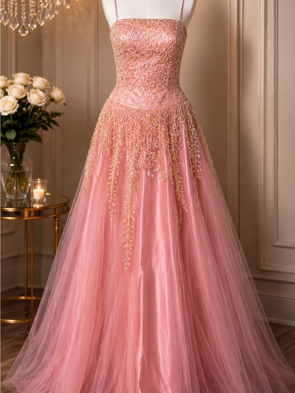 Alyce Designs Pink Strapless Prom Dress Size 14 Beaded Lace Tulle Ball Gown Form